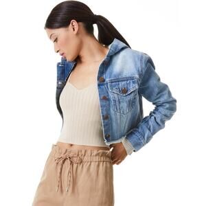 Womens Alice+Olivia Emma Scrunched Denim Cropped Denim Hooded Jacket-M